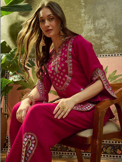 Embroidered Round Neck Kurta & Palazzos Kurta Set