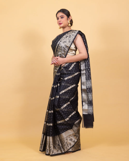 Dhiyona HH Midnight Black Banarasi Organza Stripe Pattern Saree | Soft & Elegant