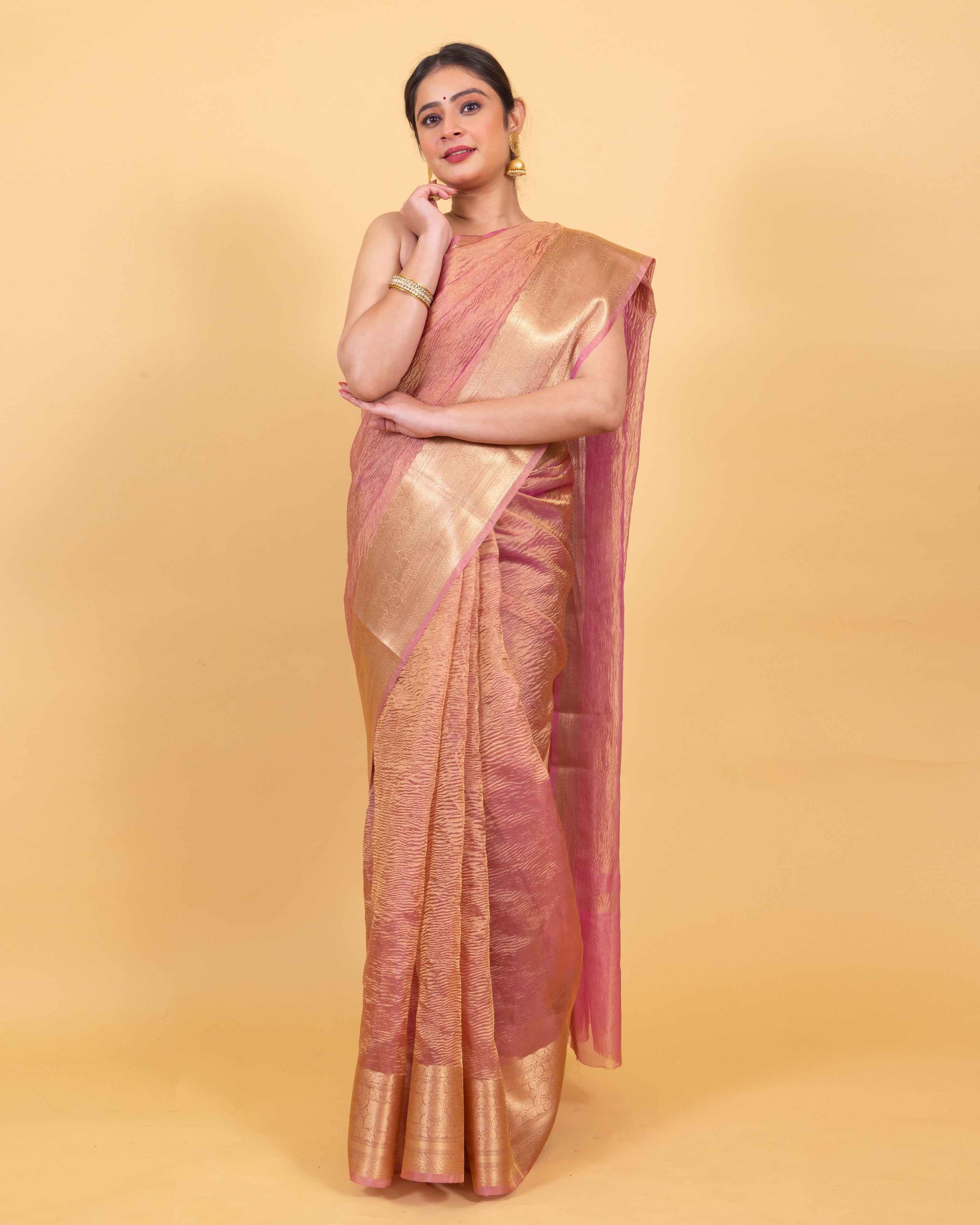 Dhiyona HH Baby Pink Crushed Tissue Silk Saree | Banarasi Woven Saree
