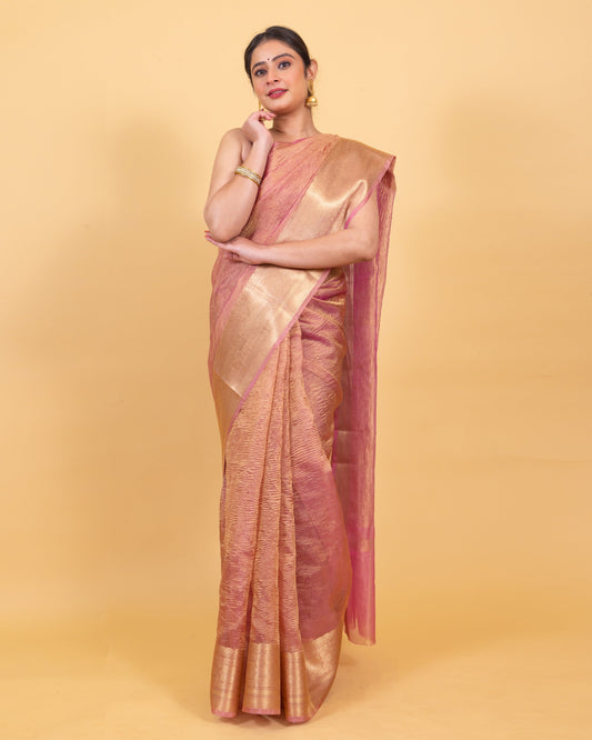 Dhiyona HH Baby Pink Crushed Tissue Silk Saree | Banarasi Woven Saree
