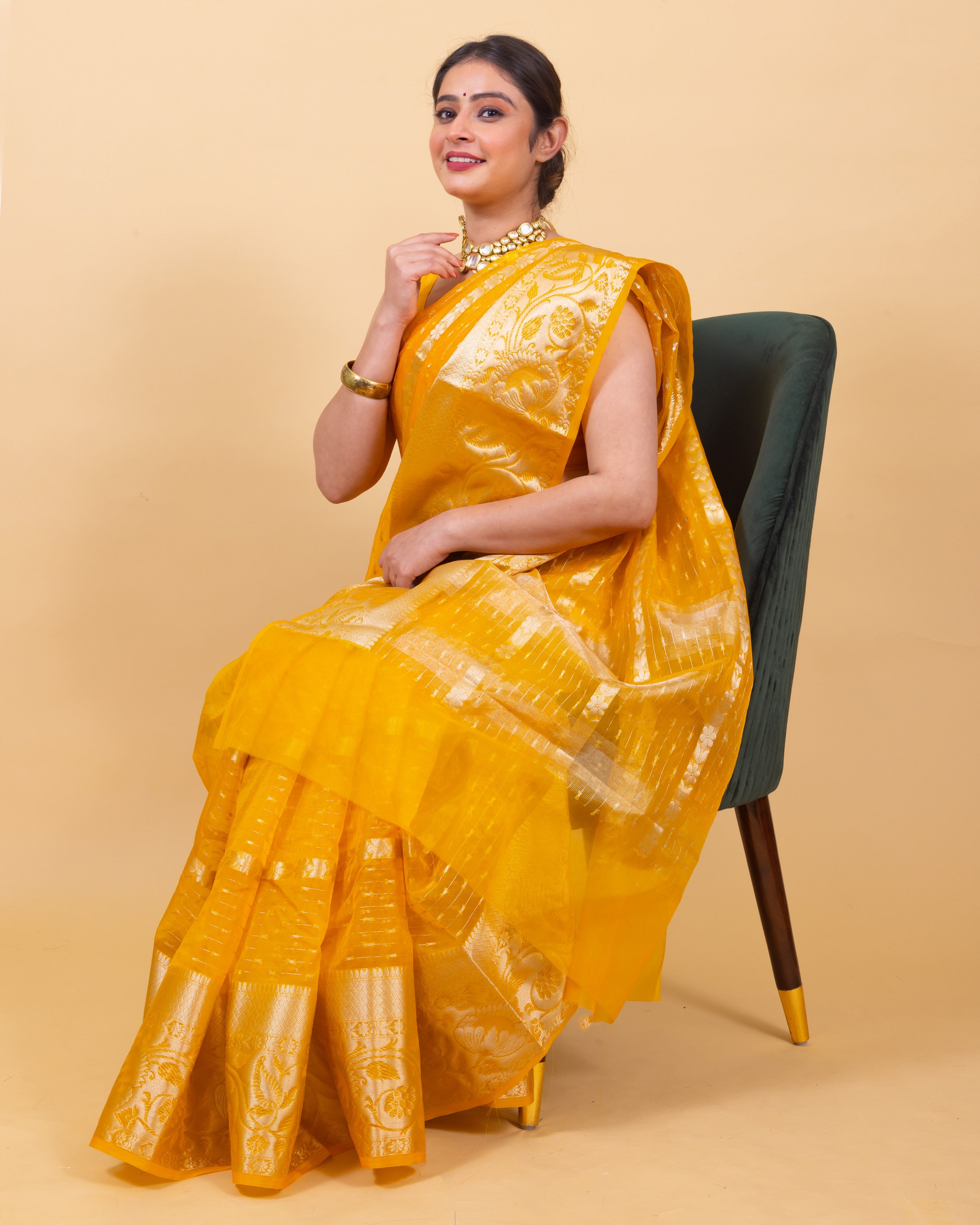 Dhiyona HH Golden Yellow Banarasi Organza Stripe Pattern Saree | Soft & Elegant