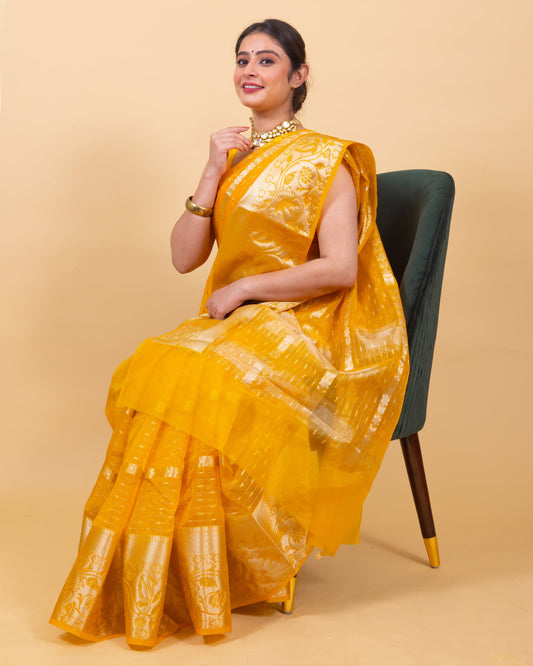Dhiyona HH Golden Yellow Banarasi Organza Stripe Pattern Saree | Soft & Elegant