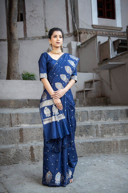 Dhiyona HH German Blue Alfi Motif Banarasi Zari Border Saree And Pallu