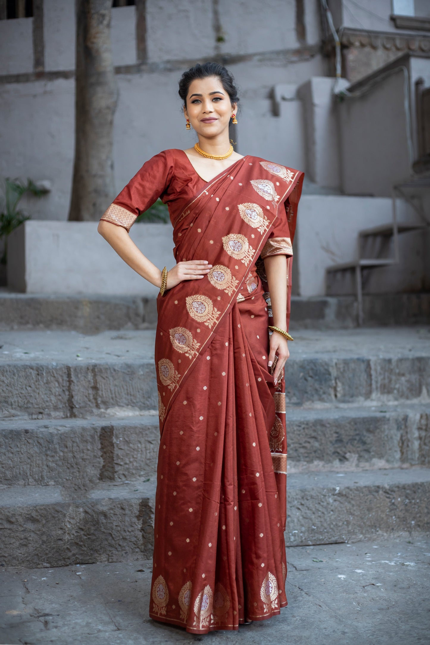 Dhiyona HH Maroon Brown Alfi Motif Banarasi Zari Border Saree And Pallu