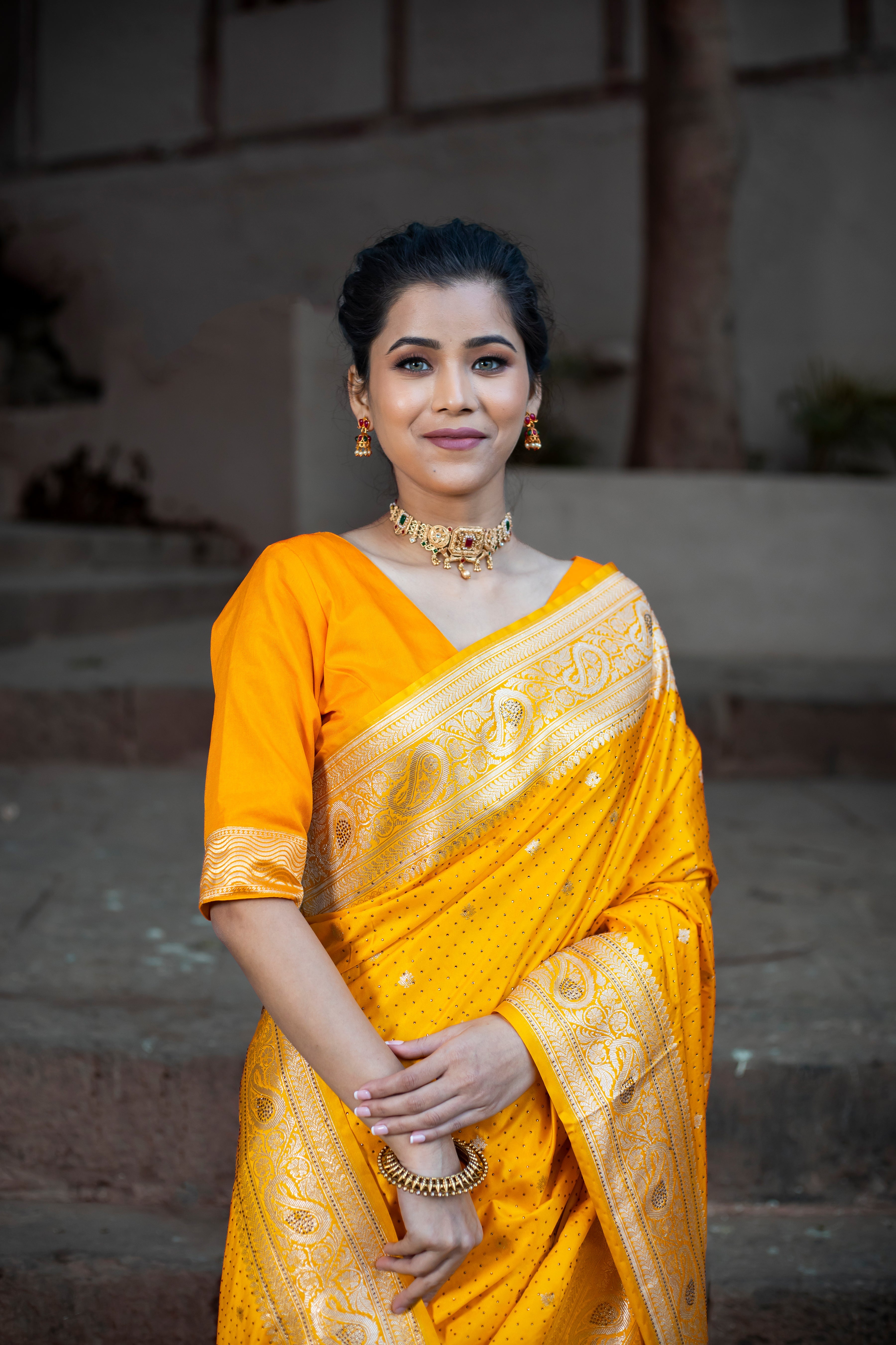 Dhiyona HH Yellow Golden Siroski Intricate Stone Work Banarasi Mashru Silk Saree