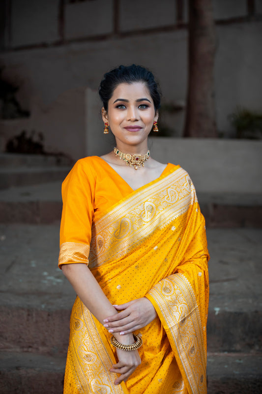 Dhiyona HH Yellow Golden Siroski Intricate Stone Work Banarasi Mashru Silk Saree