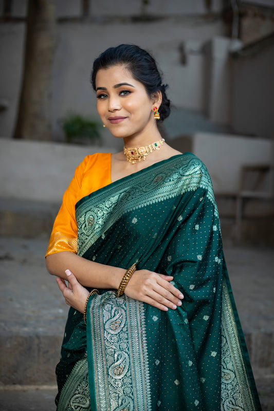 Dhiyona HH Bottle Green Siroski Intricate Stone Work Banarasi Mashru Silk Saree