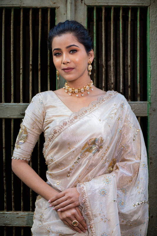 Dhiyona HH Exquisite Banarasi Katdana work designer pure tissue crape silk saree