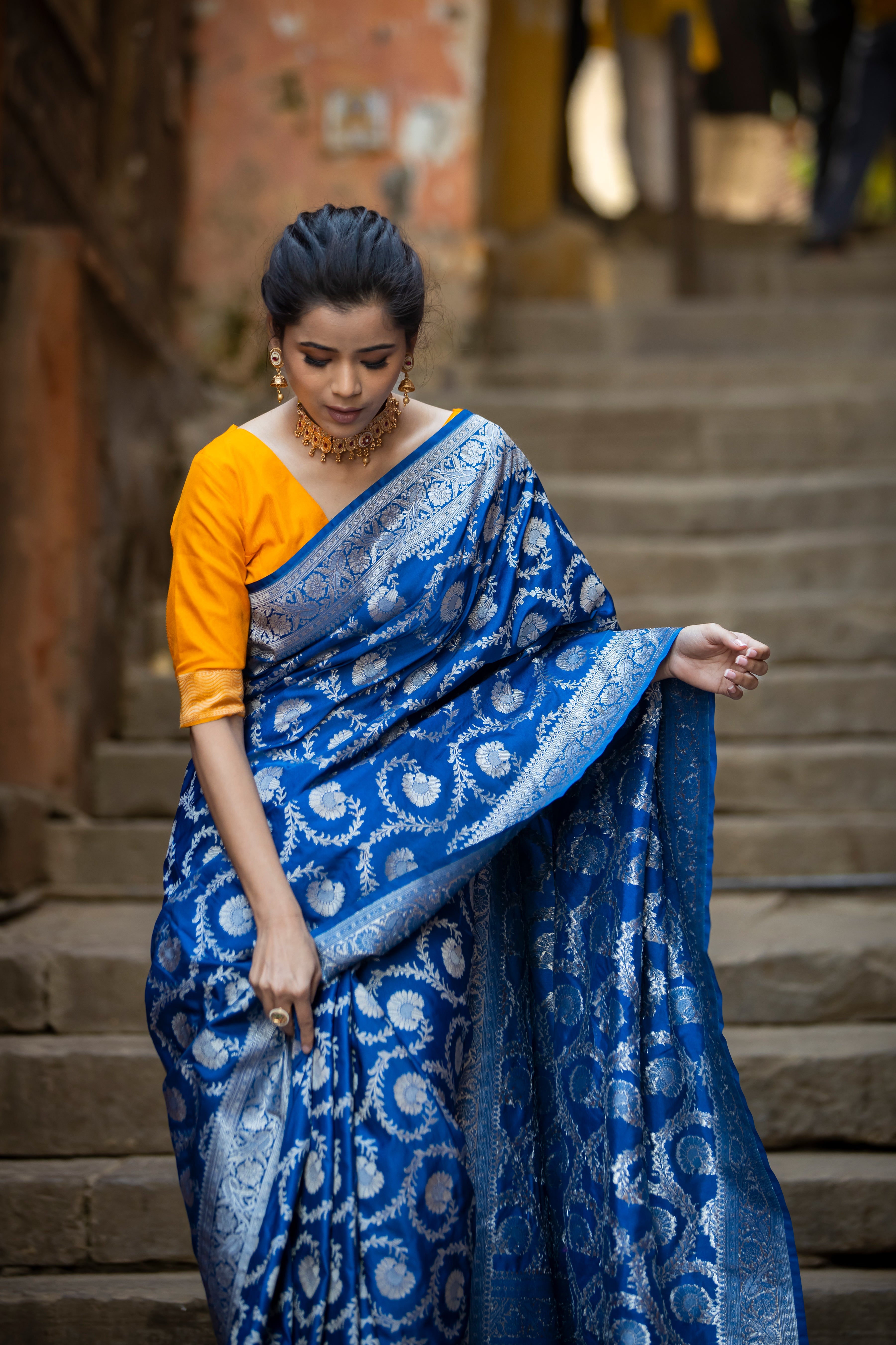 Dhiyona HH German Blue Floral Jaal Banarasi Mashru Silk Saree | Soft & Elegant