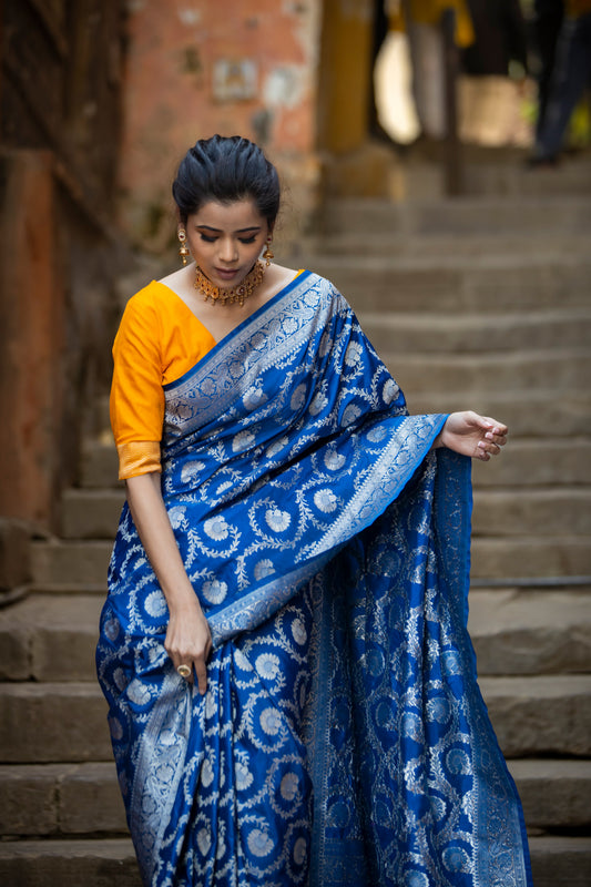 Dhiyona HH German Blue Floral Jaal Banarasi Mashru Silk Saree | Soft & Elegant