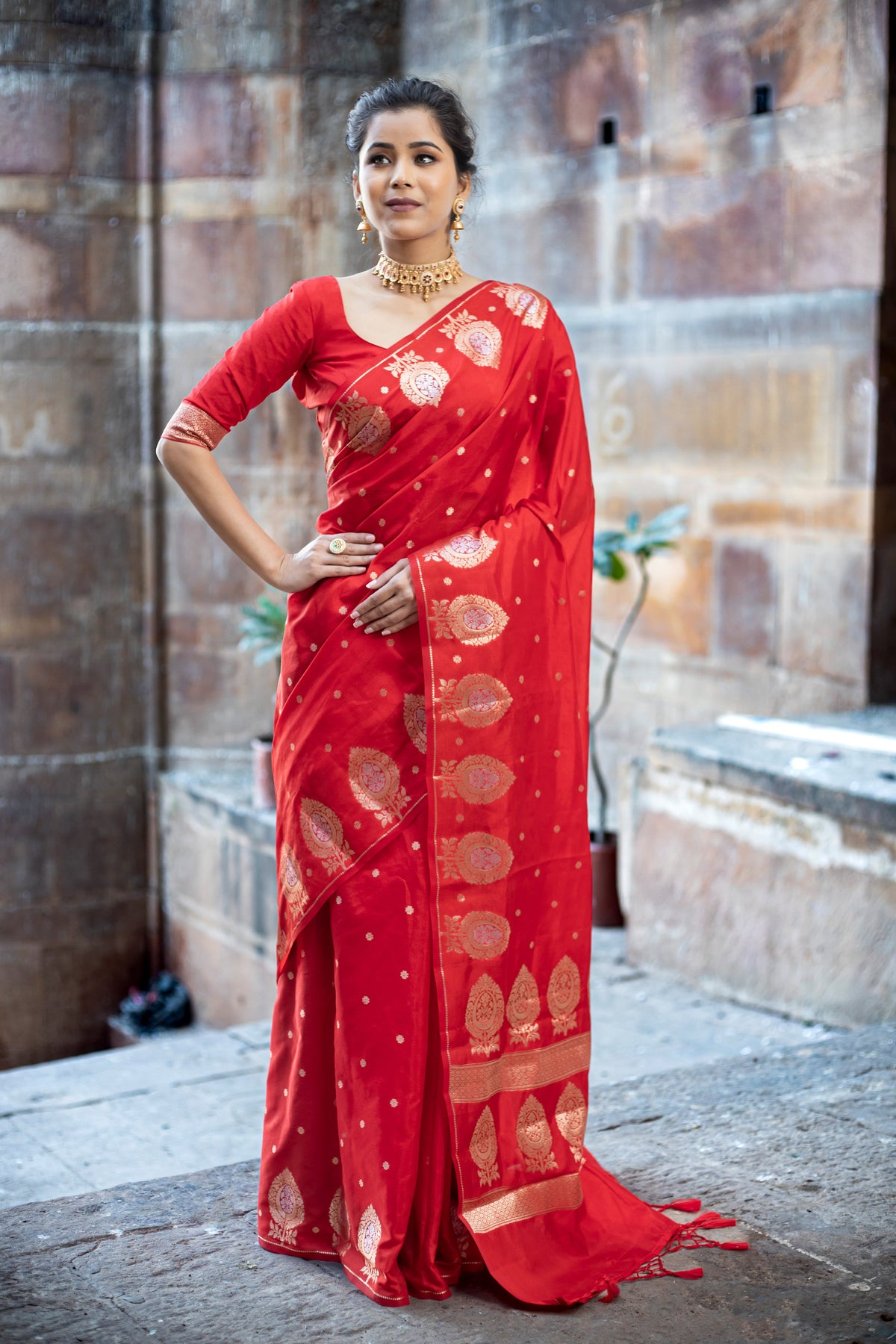 Dhiyona HH Sacrlet Red Alfi Motif Banarasi Zari Border Saree And Pallu