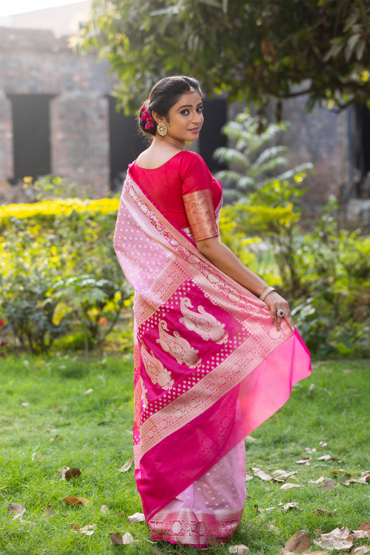 Dhiyona HH Rani Baby Pink Banarasi Woven Soft Georgette Saree | Circle Buti Pattern