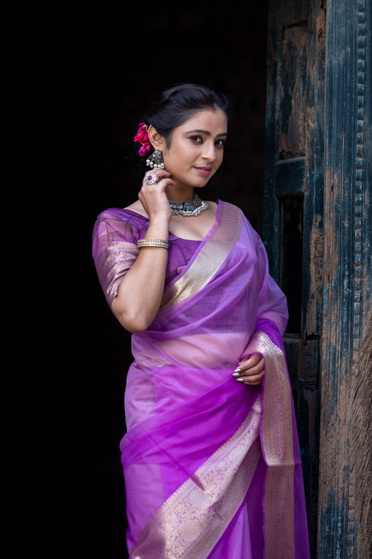 Dhiyona HH Lavender Pale Banarasi Woven Soft Organza Skirt Border Saree