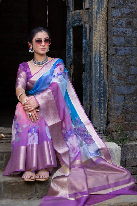 Dhiyona HH Ombre Bold Organza Silk Saree with Banarasi Zari Border | Full Body Flower