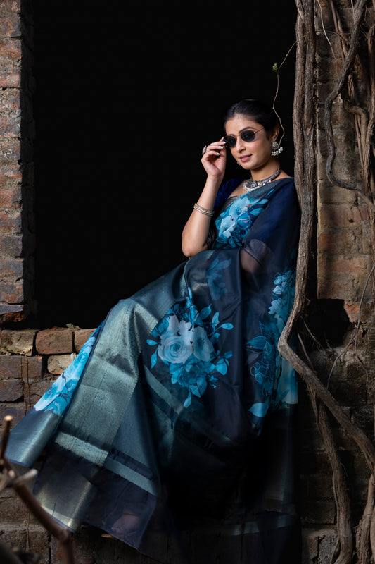 Dhiyona HH Ombre Black Organza Silk Saree with Banarasi Zari Border | Full Body Flower