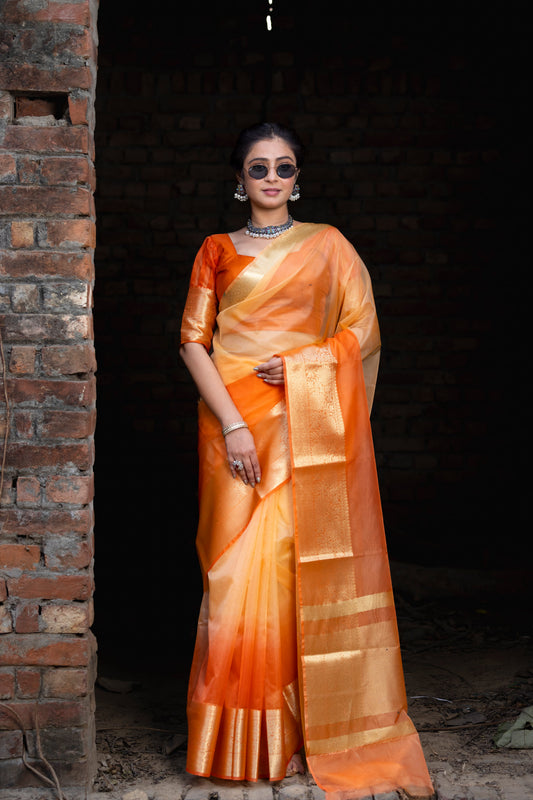 Dhiyona HH Gentle Orange Yellow Banarasi Woven Soft Organza Skirt Border Saree