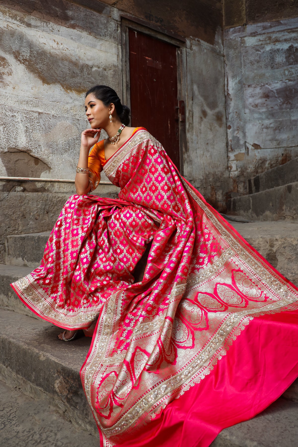 Dhiyona HH Rani-Red  Rangkaat Banarasi Mashru Silk Saree | Designer Gota Patti Work Saree