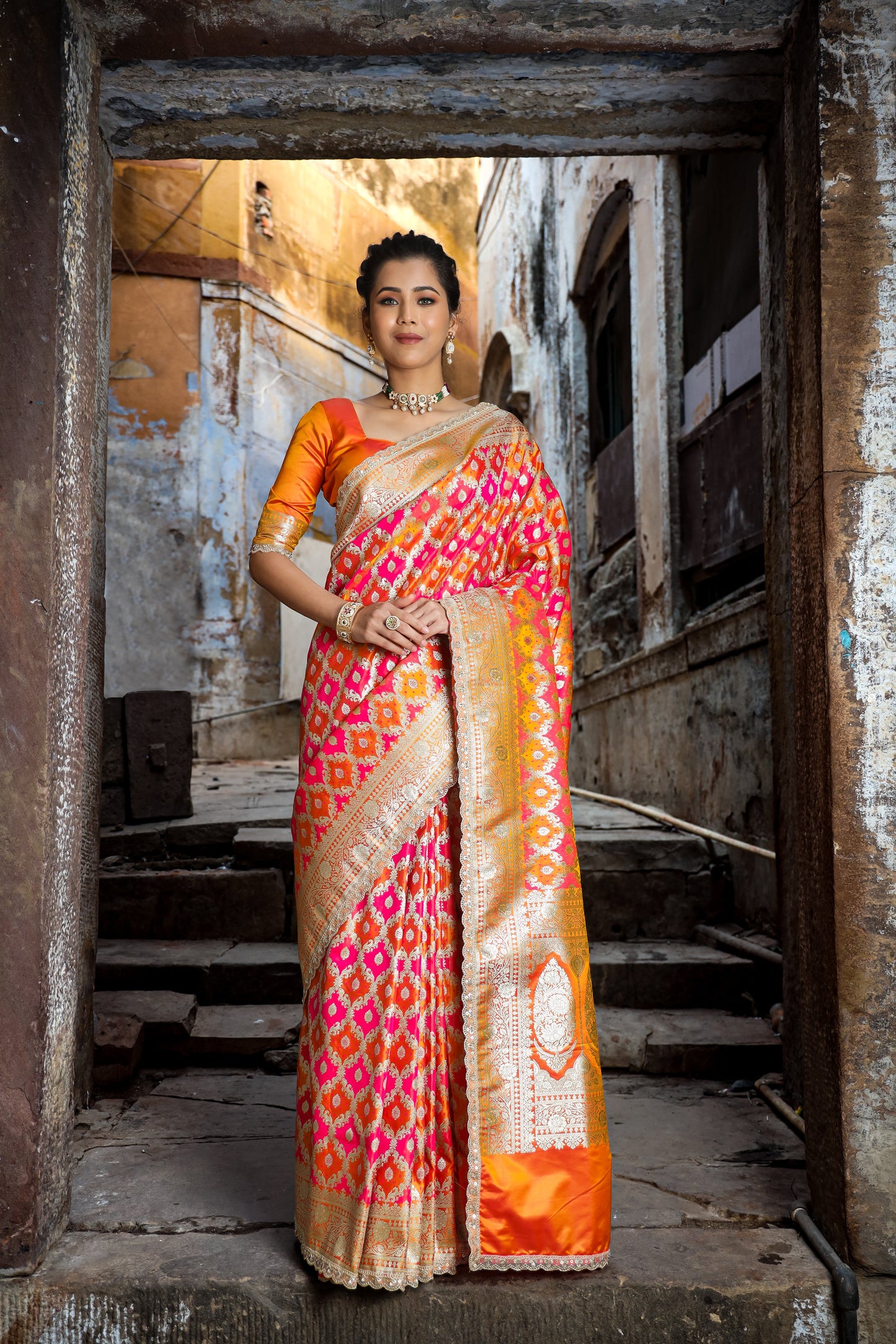 Dhiyona HH Mustard-Rani Rangkaat Banarasi Mashru Silk Saree | Designer Gota Patti Work Saree