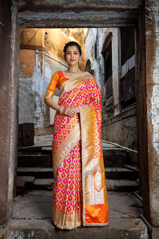 Dhiyona HH Mustard-Rani Rangkaat Banarasi Mashru Silk Saree | Designer Gota Patti Work Saree