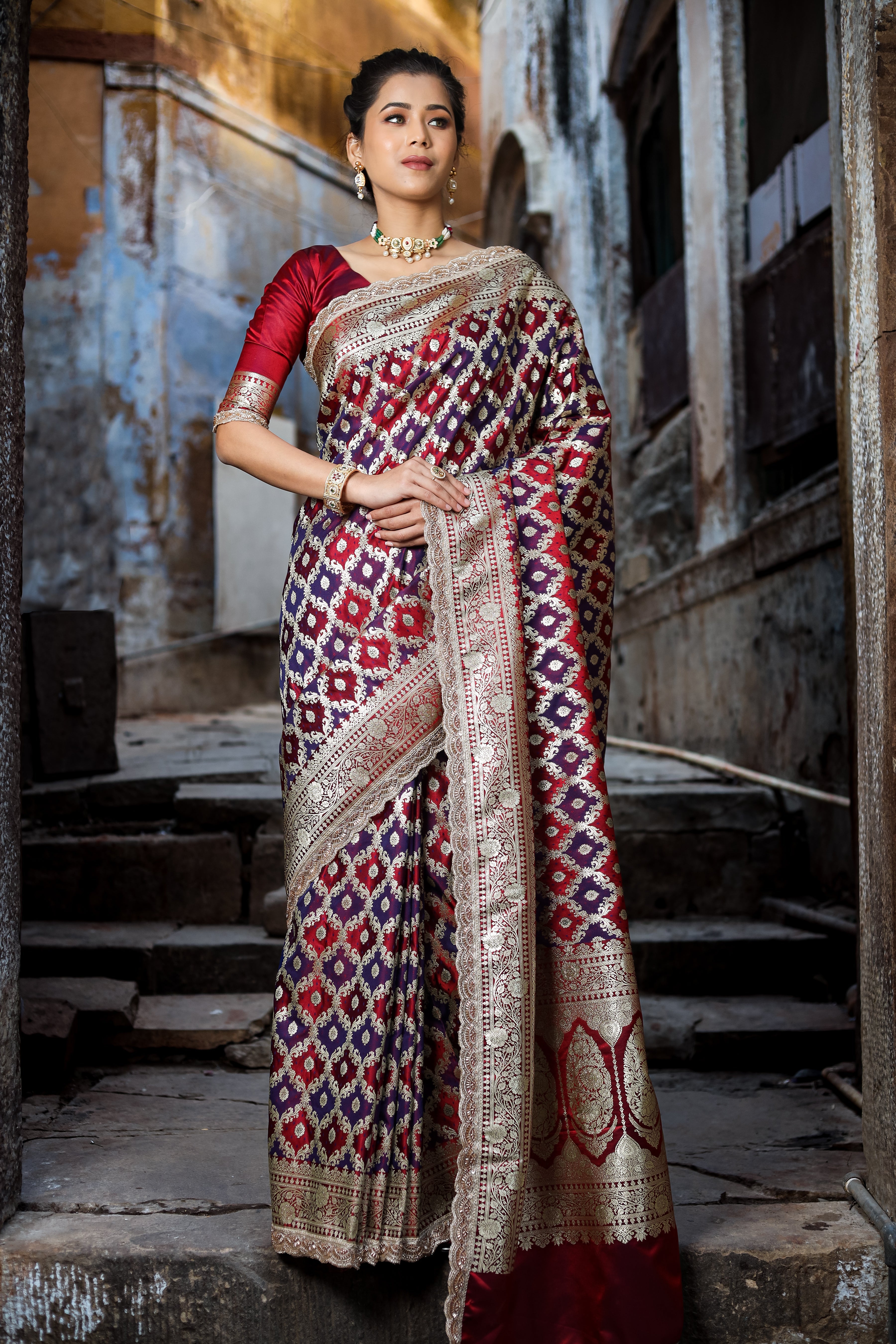 Dhiyona HH Garnet-Navy Rangkaat Banarasi Mashru Silk Saree | Designer Gota Patti Work Saree
