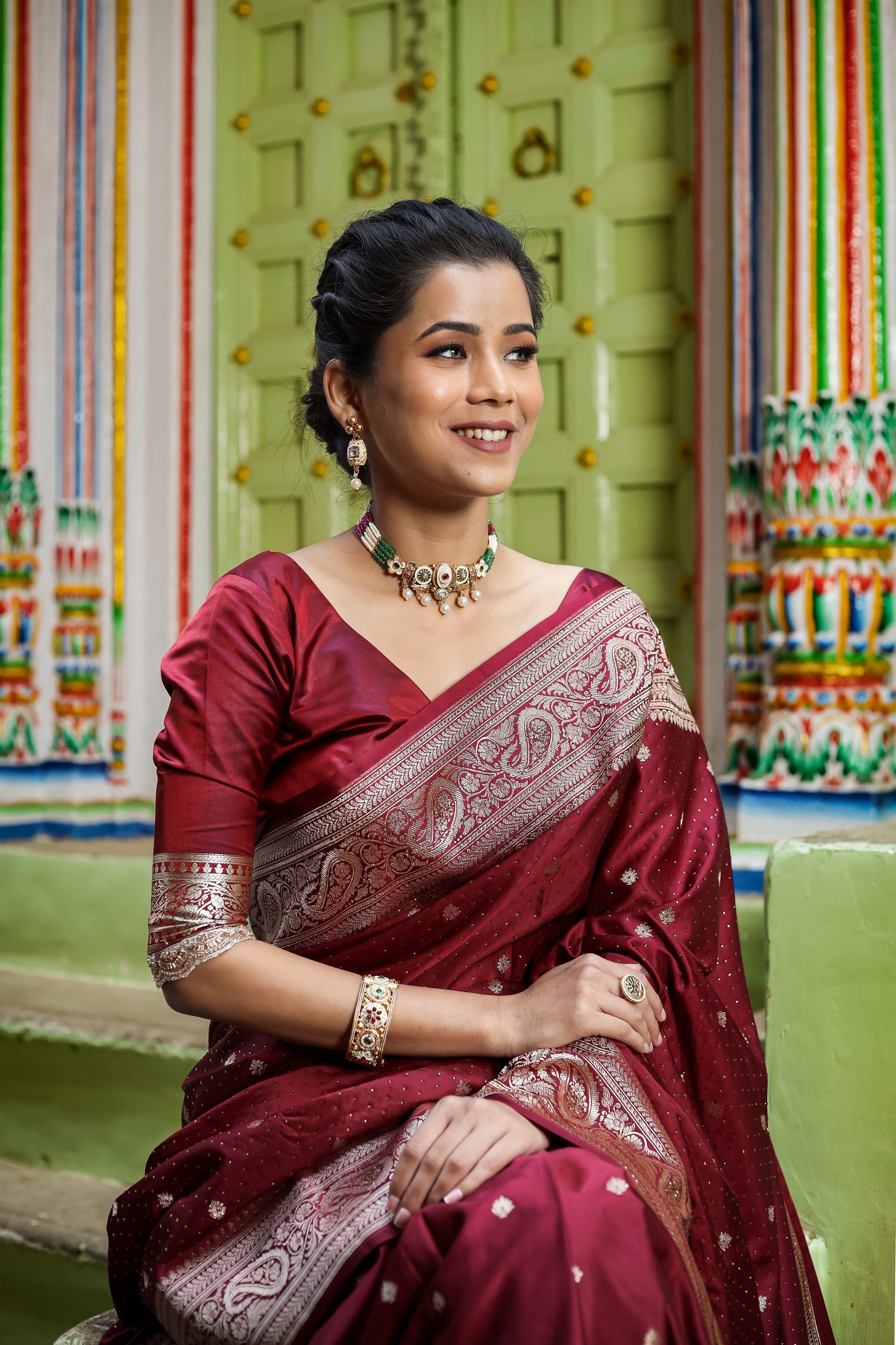 Dhiyona HH Garnet Wine Siroski Intricate Stone Work Banarasi Mashru Silk Saree