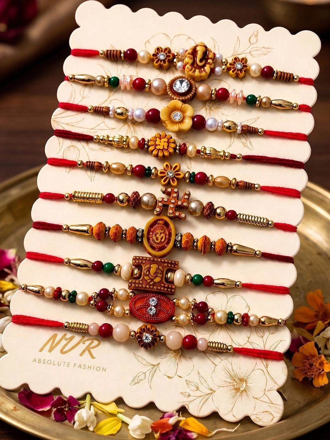 Dhiyona Set Of 10 Artificial Stones & Beads Thread Rakhi With Roli Chawal Chandan Mishri