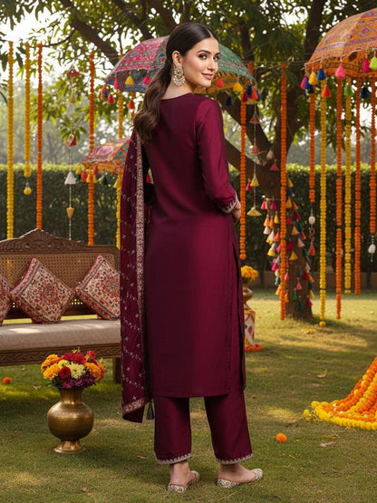 Dhiyona KL Floral Embroidered Sequinned Kurta with Palazzo & Dupatta