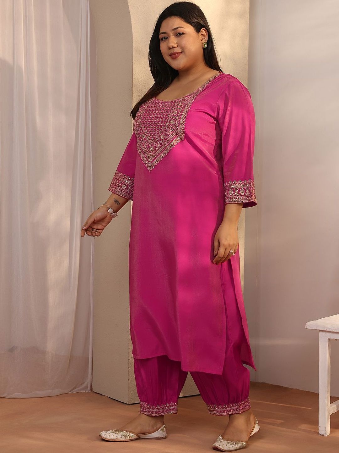 Dhiyona Women's Plus Size Ethnic Motifs Embroidered Kurta with Patiala & Dupatta