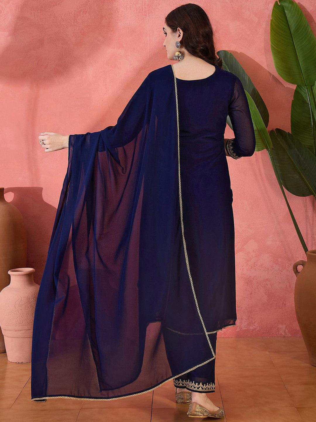 Zari Sequence Cording Embroidered Front Slit Kurta With Trousers & Dupatta