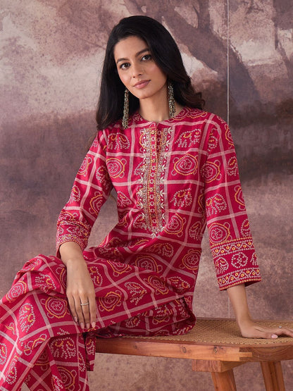 Ethnic Motifs Printed Mirror Work Pure Cotton Kurta With Trousers