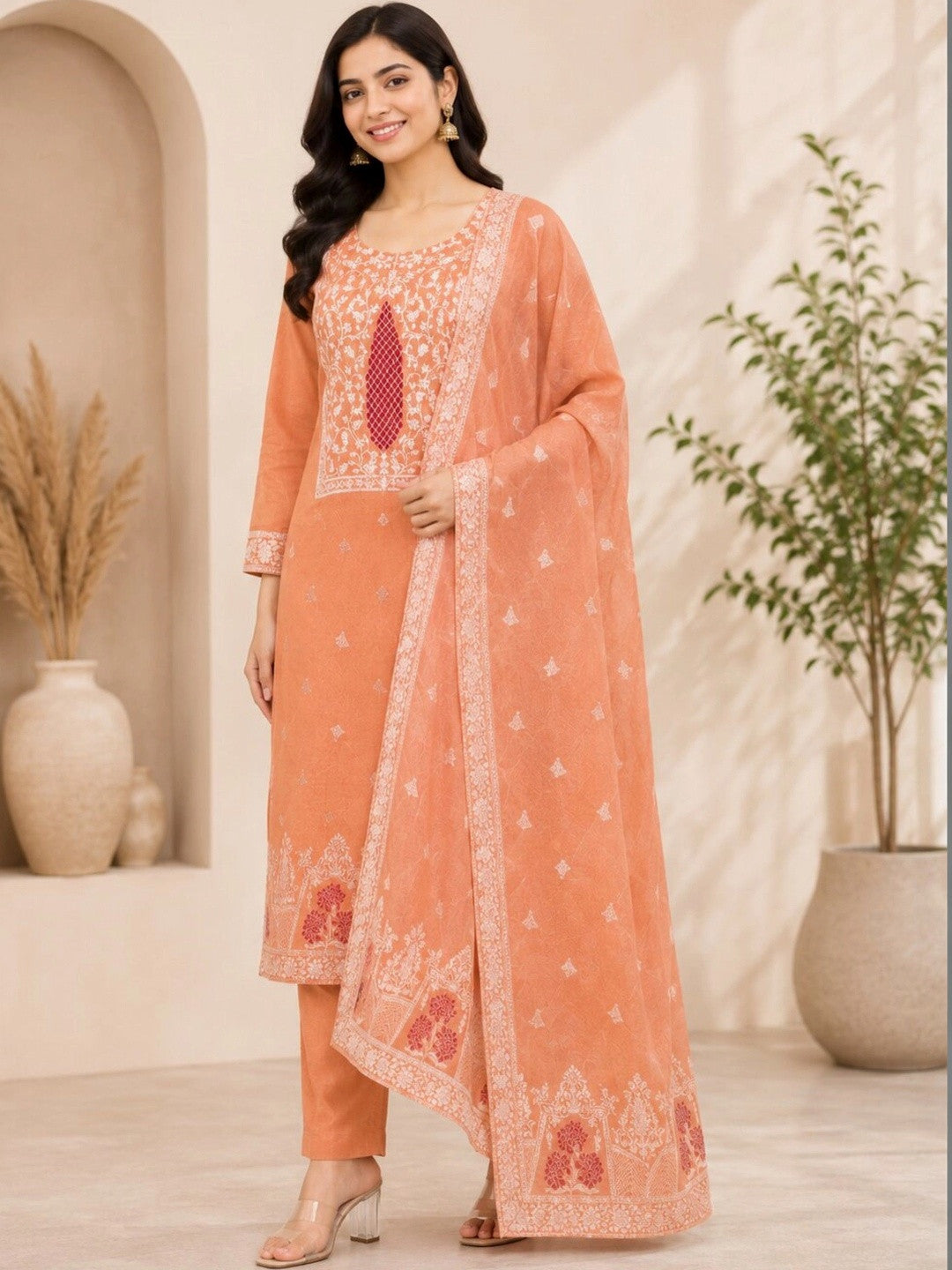 Dhiyona SN Women Ethnic Motifs Embroidered Regular Thread Work Pure Cotton Kurta with Trousers & With Dupatta
