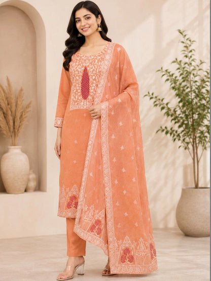 Women Ethnic Motifs Embroidered Regular Thread Work Pure Cotton Kurta with Trousers & With Dupatta