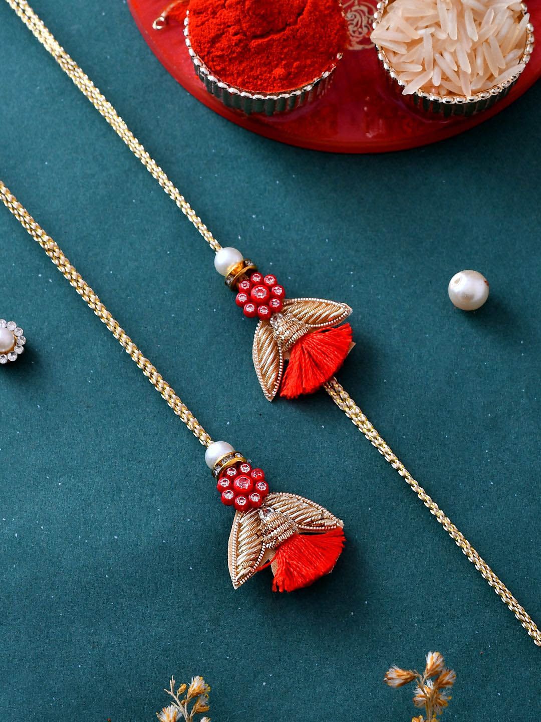 Dhiyona Red Set of 2 Scarlet Floral Studded Zari Work Rakhi With Roli Chawal & Greeting Card