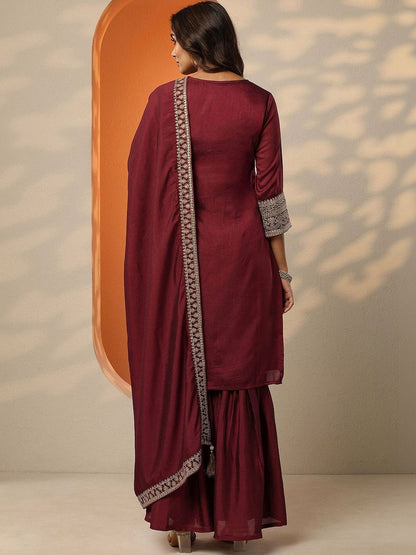 Dhiyona LL Women Ethnic Motifs Embroidered Regular Thread Work Kurta with Sharara & With Dupatta