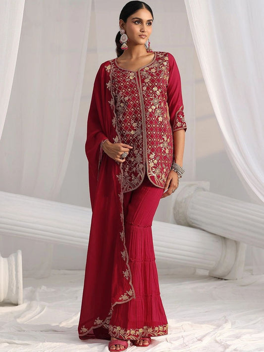Rani Pink Floral Embroidered Chanderi Cotton Sharara Suit Set