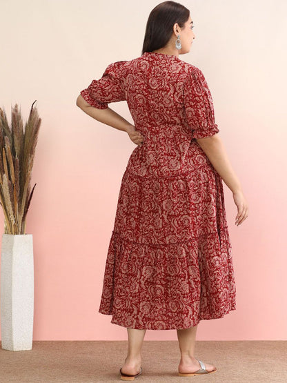 Dhiyona AY Women's Ethnic Motif Cotton Puff Sleeve Empire Plus Size Midi Dress