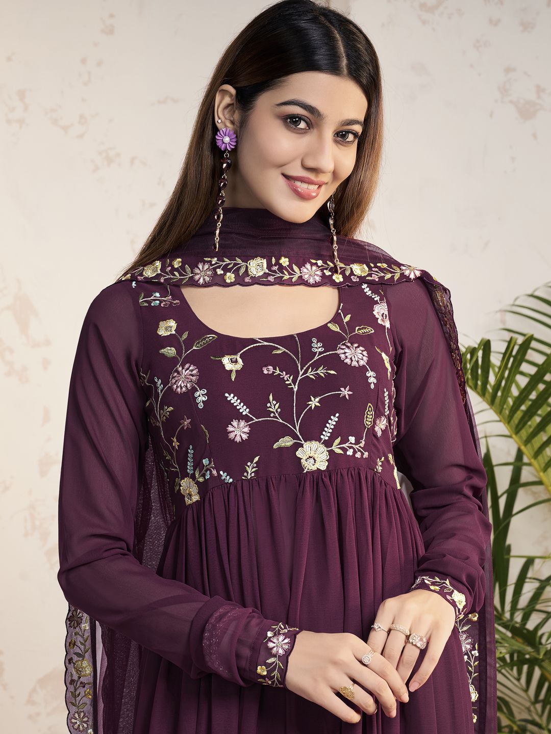 Dhiyona IN Floral Embroidered Thread Work Georgette A-Line Kurta With Palazzos And Dupatta