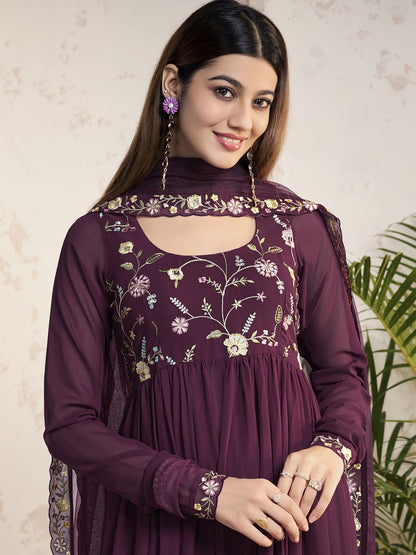 Dhiyona IN Floral Embroidered Thread Work Georgette A-Line Kurta With Palazzos And Dupatta