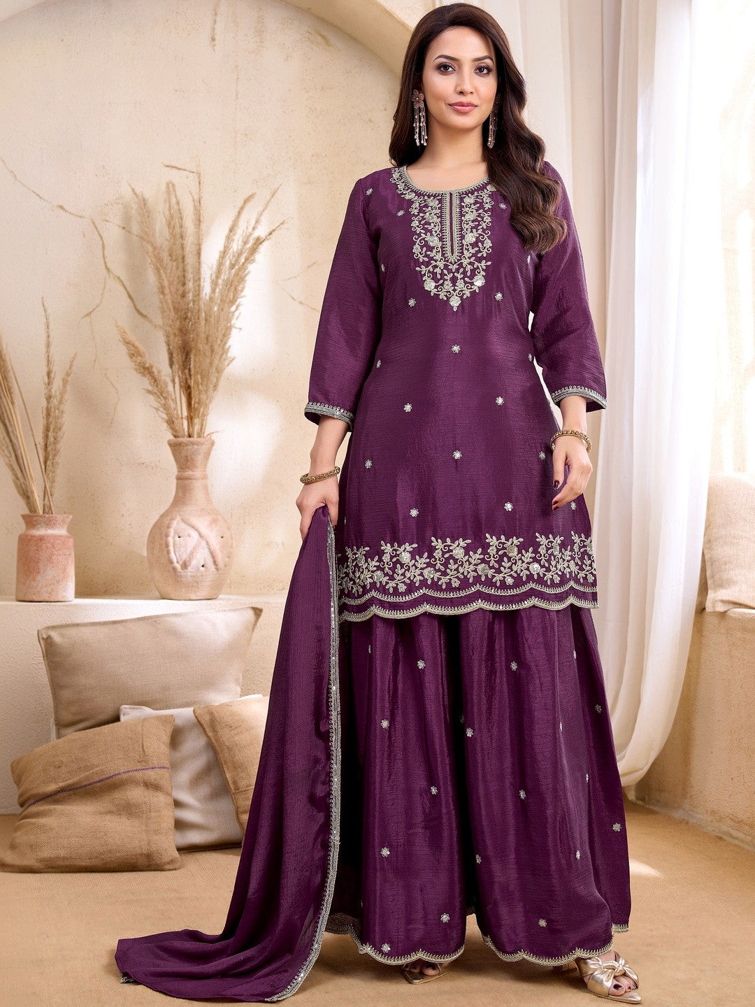 Embroidered Round Neck Kurta & Palazzos With Dupatta