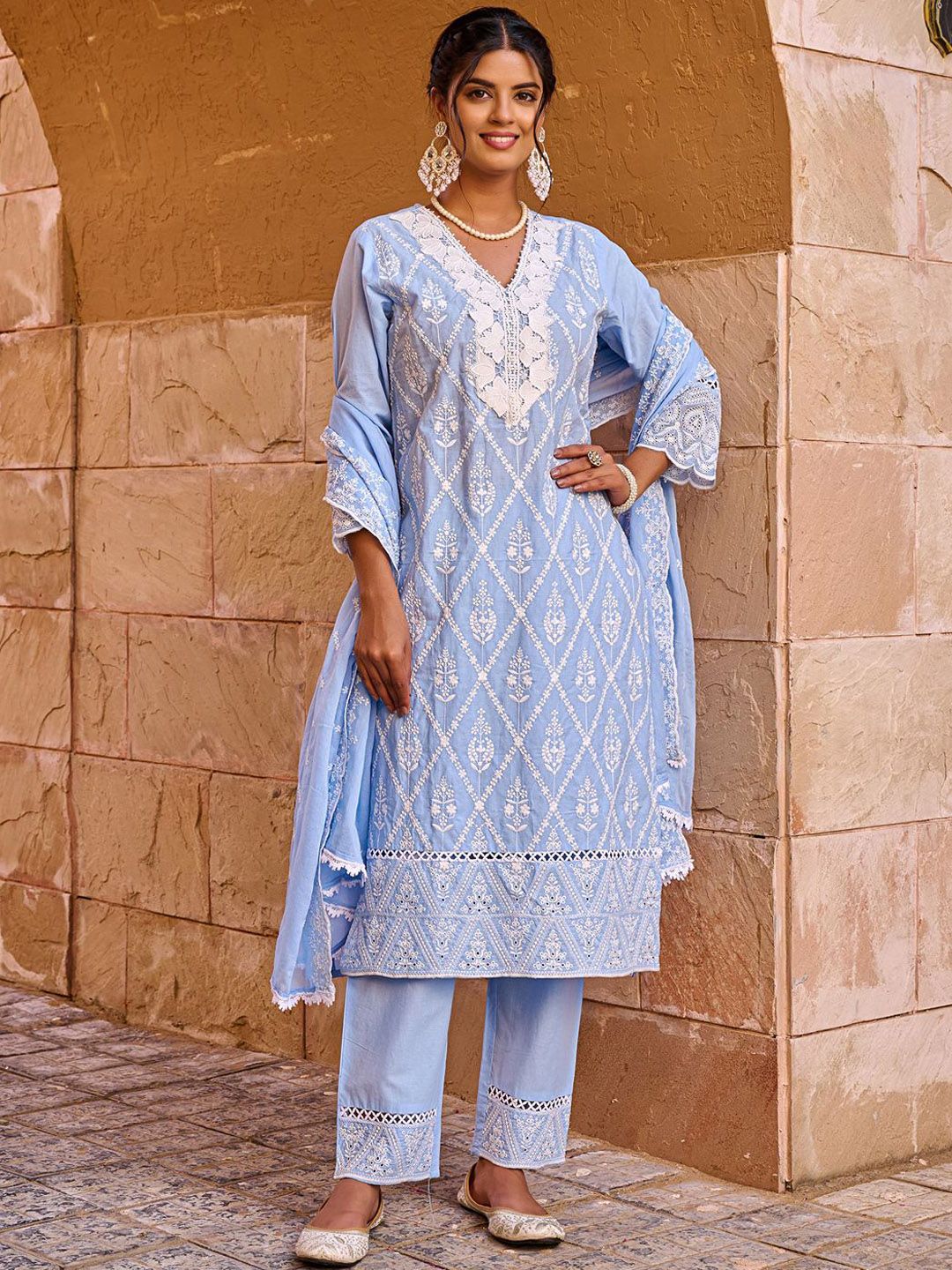 Dhiyona IE Women Floral Embroidered Pure Cotton Kurta with Trousers & Dupatta