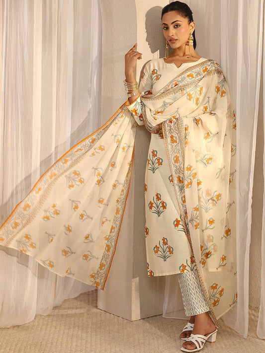 Off White Floral Printed Chanderi Silk Straight Suit Set with Dupatta
