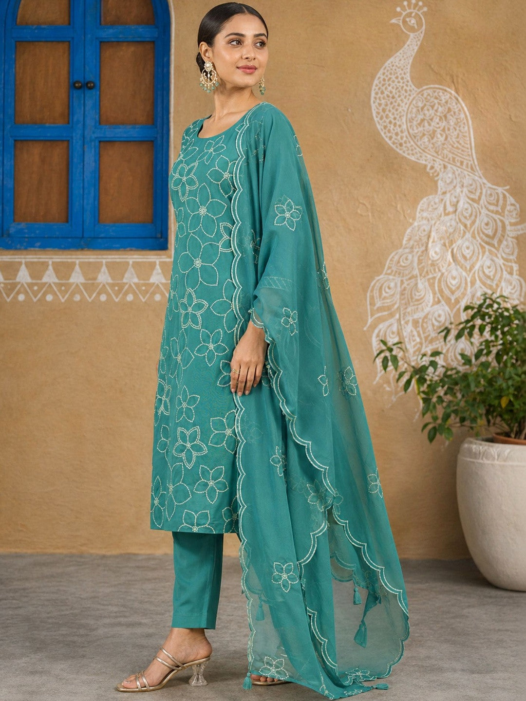 Embroidered Silk Blend Round Neck Kurta & Trousers With Dupatta