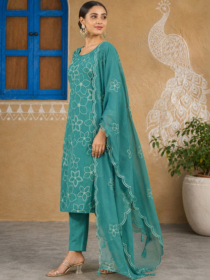Embroidered Silk Blend Round Neck Kurta & Trousers With Dupatta