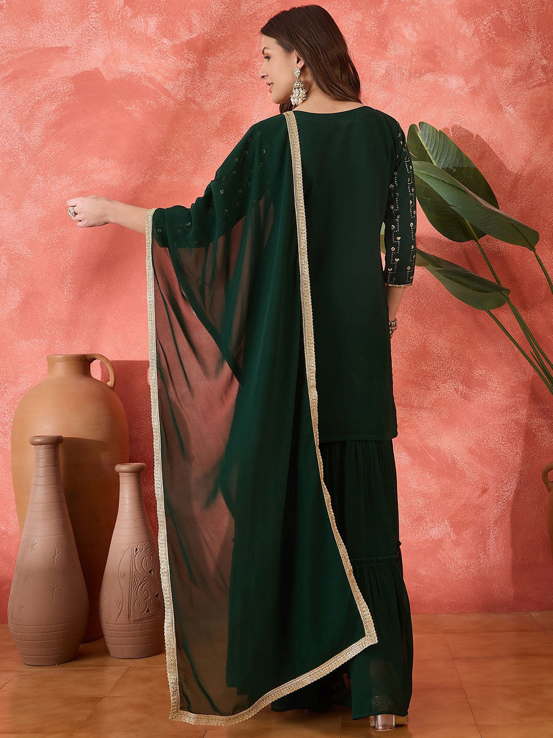 Women Sequinned Embroidered Round Neck Kurta, Sharara With Dupatta