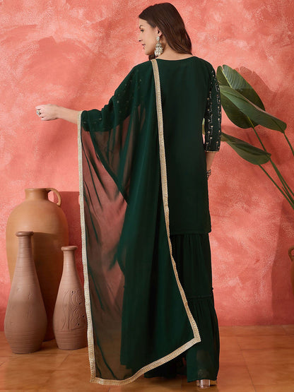 Women Sequinned Embroidered Round Neck Kurta, Sharara With Dupatta