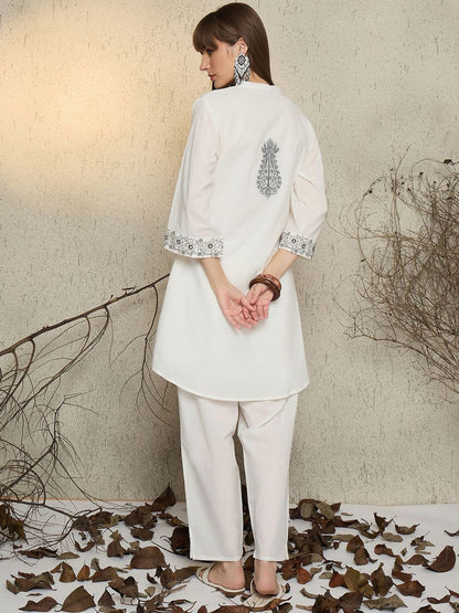 Dhiyona IE Women Embroidered Mandarin Collar Cotton Top and Trousers Co-Ords