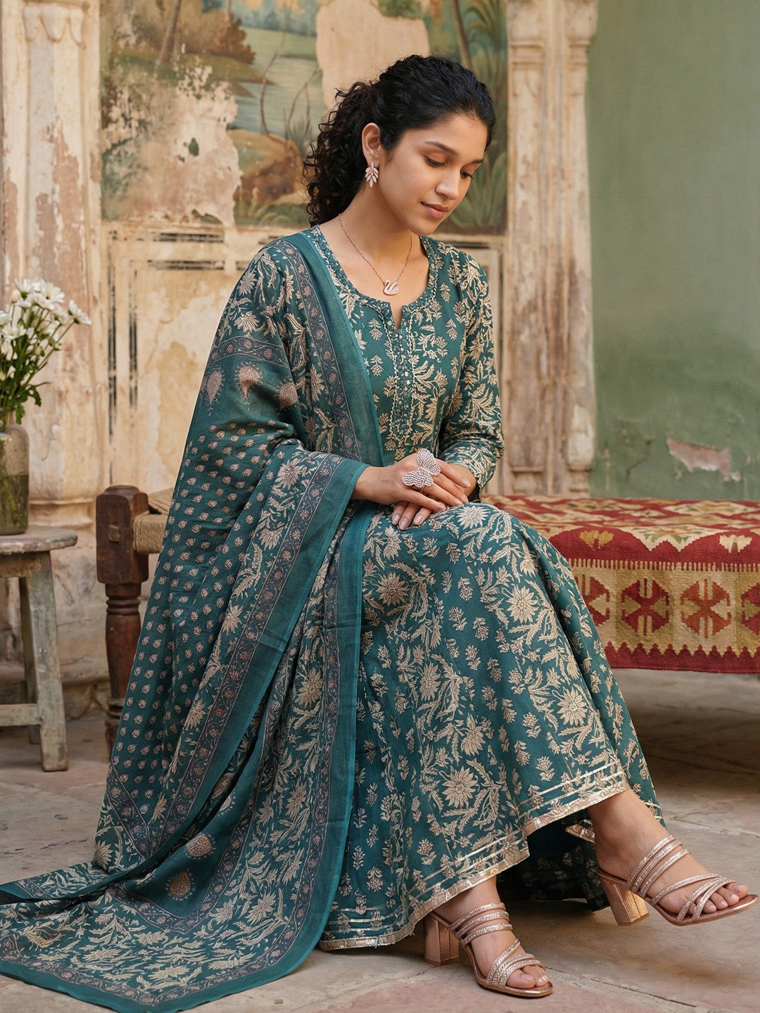 Women's Pure Cotton 3 Pcs Teal Colour Flared Printed Kurta Sets Kurta Sets