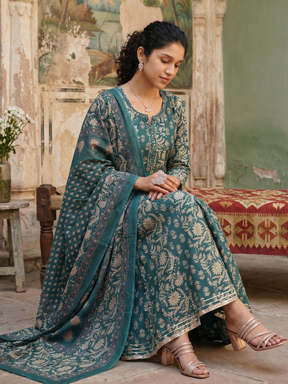 Women's Pure Cotton 3 Pcs Teal Colour Flared Printed Kurta Sets Kurta Sets