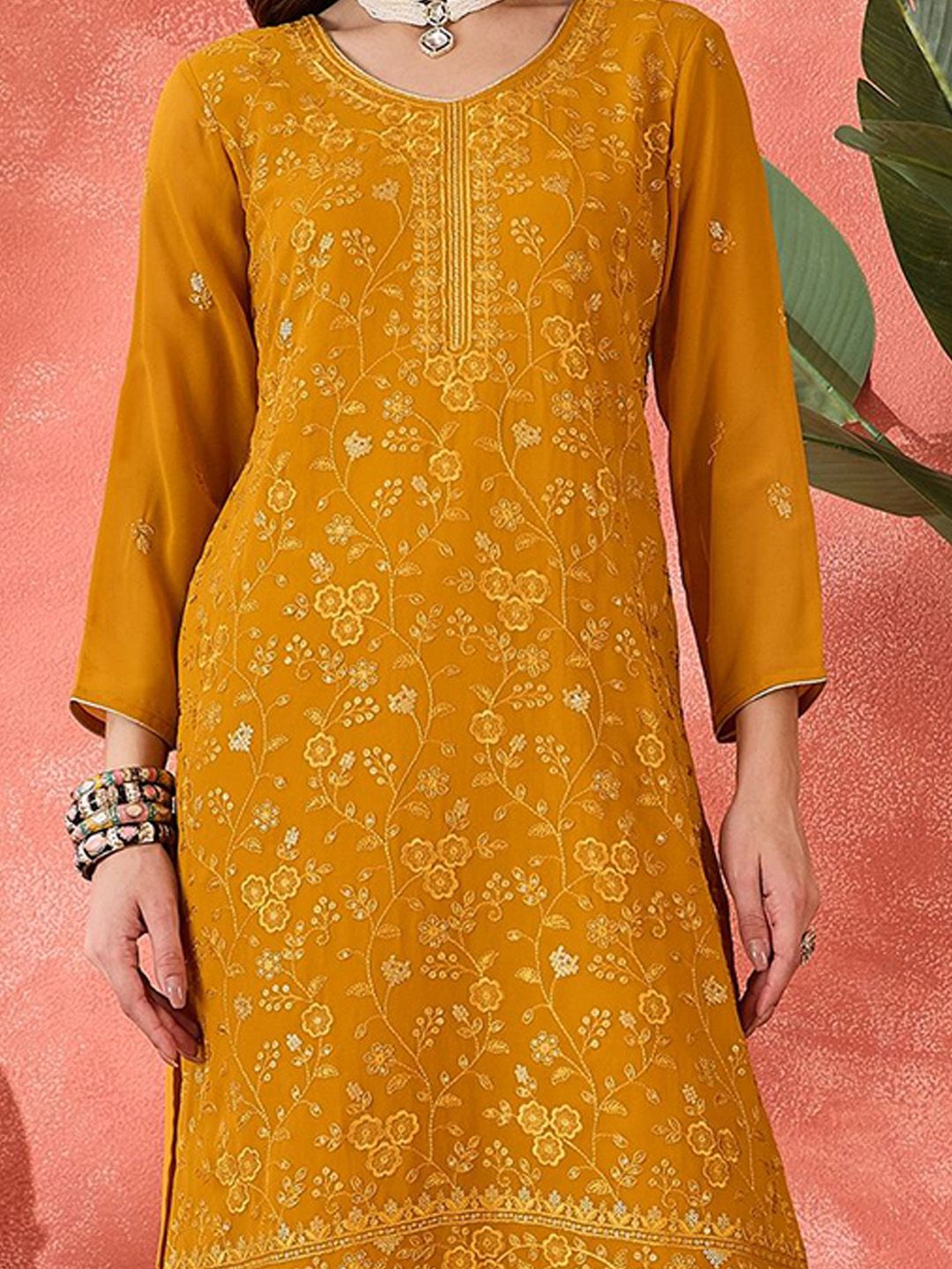 Dhiyona SN Floral Embroidered V-neck Straight Kurta With Sharara And Dupatta