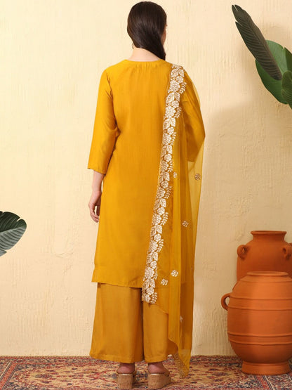 Women Floral Embroidered Regular Thread Work Kurta with Palazzos & With Dupatta
